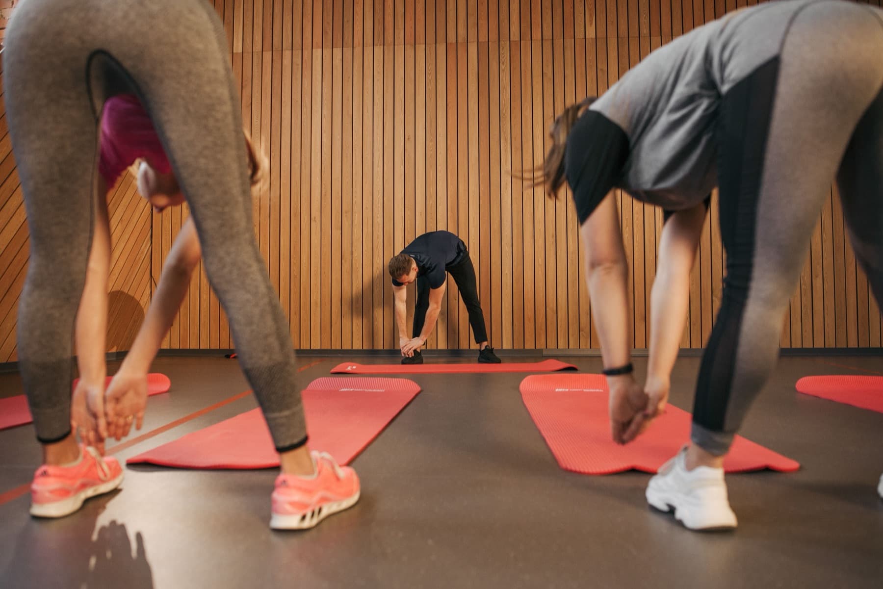 A studio class stretching side by side