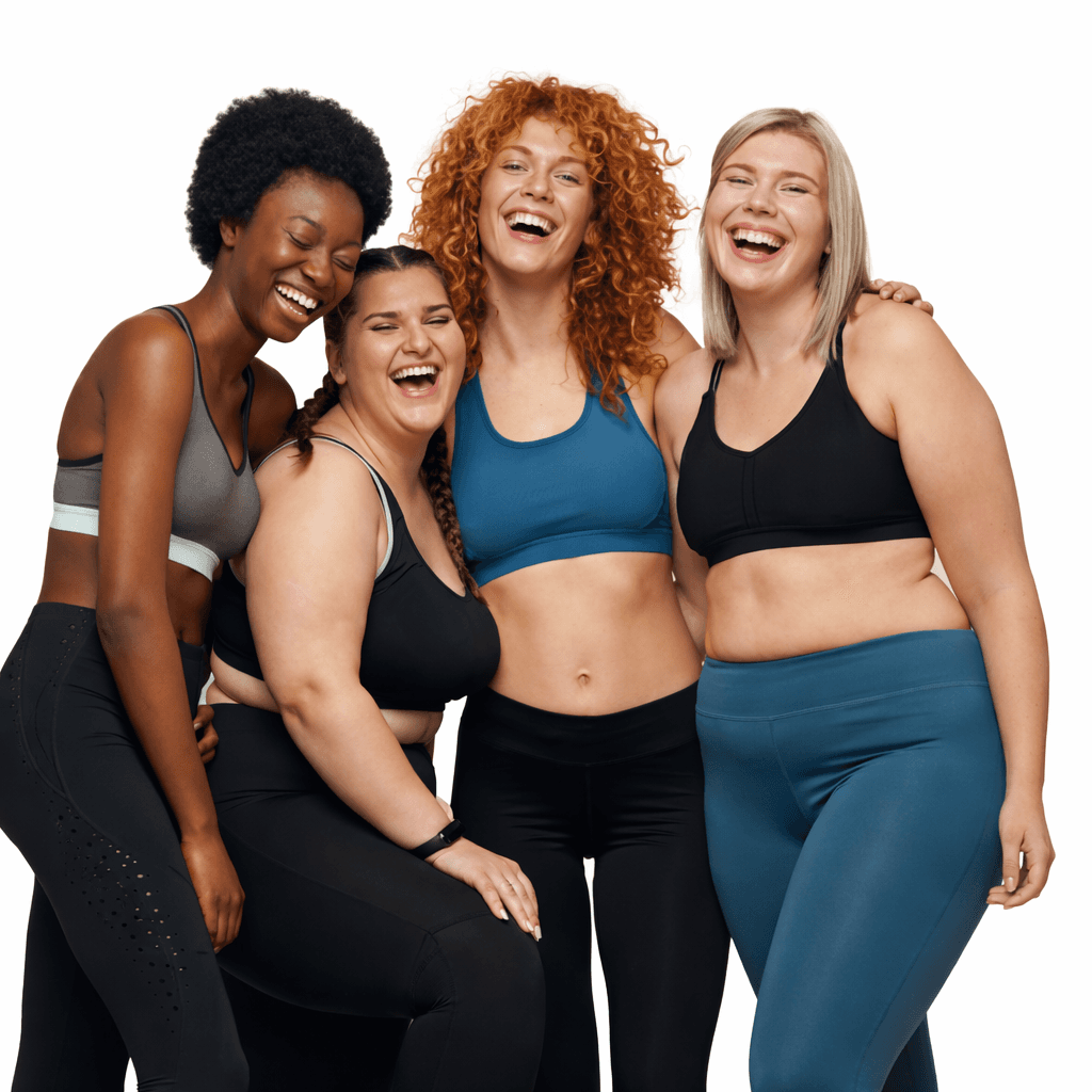 Diverse group of women in fitness attire smiling together