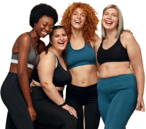 Diverse group of women in fitness attire smiling together